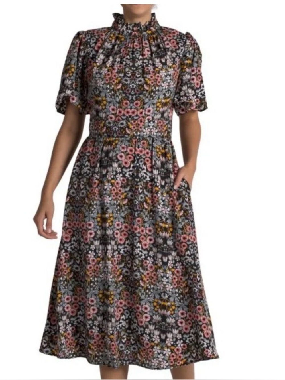 julia jordan Black Floral High-Neck Midi Dress with Pink and Yellow Accents